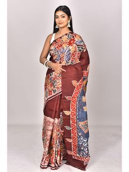 Ramshyam Collection - Womens Daily Wear Silk Printed Brown Saree with Unstitched Blouse