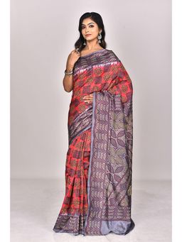 Ramshyam Collection - Womens Kantha Silk Printed Red Saree with Unstitched Blouse
