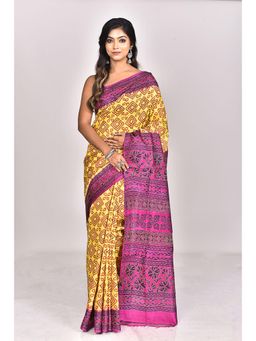 Ramshyam Collection - Womens Kantha Silk Embroidered Thread Work Yellow Saree with Unstitched Blouse
