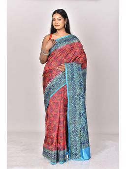 Ramshyam Collection - Womens Kantha Silk Printed Red Saree with Unstitched Blouse