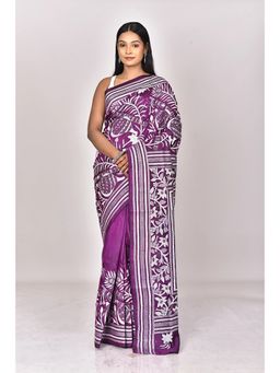 Ramshyam Collection - Womens Kantha Silk Embroidered Thread Work Purple Saree with Unstitched Blouse