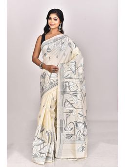 Ramshyam Collection - Womens Kantha Silk Printed Thread Work Cream Saree with Unstitched Blouse