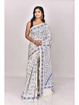 Ramshyam Collection - Womens Kantha Silk Embroidered Thread Work White Saree with Unstitched Blouse