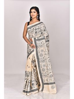 Ramshyam Collection - Womens Kantha Silk Embroidered Thread Work Beige Saree with Unstitched Blouse