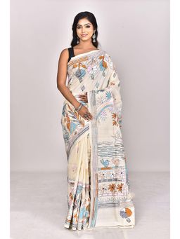 Ramshyam Collection - Womens Kantha Silk Embroidered Thread Work Cream Saree with Unstitched Blouse