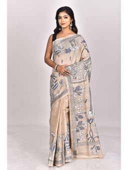 Ramshyam Collection - Womens Kantha Silk Embroidered Thread Work Beige Saree with Unstitched Blouse