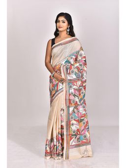 Ramshyam Collection - Womens Kantha Silk Embroidered Thread Work Beige Saree with Unstitched Blouse