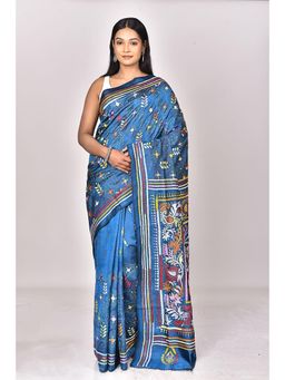 Ramshyam Collection - Womens Kantha Silk Embroidered Thread Work Blue Saree with Unstitched Blouse