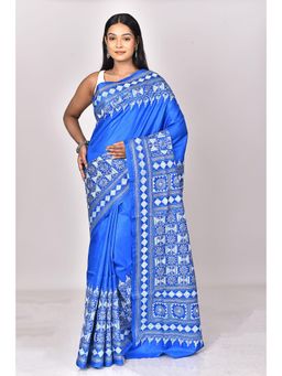 Ramshyam Collection - Womens Kantha Silk Embroidered Thread Work Blue Saree with Unstitched Blouse