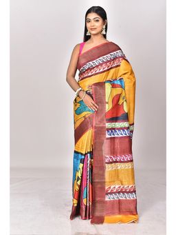 Ramshyam Collection - Womens Kantha Silk Printed Yellow Saree with Unstitched Blouse