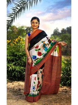 Ramshyam Collection - Womens Kantha Silk Floral White Saree with Unstitched Blouse