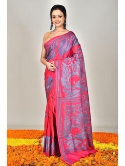 Ramshyam Collection - Womens Kantha Silk Embroidered Thread Work Pink Saree with Unstitched Blouse