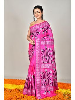 Ramshyam Collection - Womens Kantha Silk Embroidered Thread Work Pink Saree with Unstitched Blouse