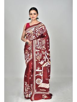 Ramshyam Collection - Womens Kantha Silk Embroidered Thread Work Maroon Saree with Unstitched Blouse