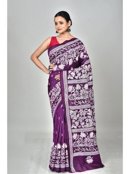 Ramshyam Collection - Womens Kantha Silk Embroidered Thread Work Purple Saree with Unstitched Blouse