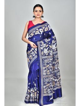 Ramshyam Collection - Womens Kantha Silk Embroidered Thread Work Blue Saree with Unstitched Blouse