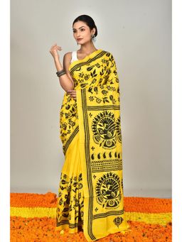 Ramshyam Collection - Womens Kantha Silk Embroidered Thread Work Yellow Saree with Unstitched Blouse