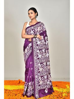 Ramshyam Collection - Womens Kantha Silk Embroidered Thread Work Purple Saree with Unstitched Blouse