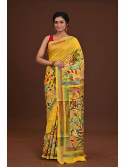 Ramshyam Collection - Womens Kantha Silk Embroidered Thread Work Yellow Saree with Unstitched Blouse