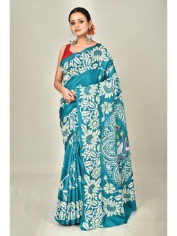 Ramshyam Collection - Womens Kantha Silk Embroidered Thread Work Blue Saree with Unstitched Blouse
