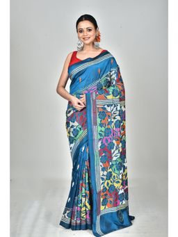 Ramshyam Collection - Womens Kantha Silk Embroidered Thread Work Blue Saree with Unstitched Blouse