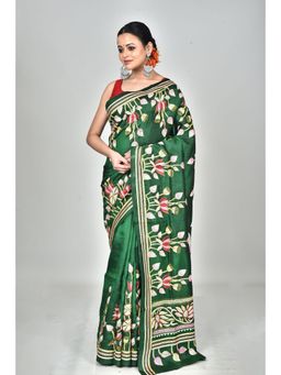 Ramshyam Collection - Womens Kantha Silk Embroidered Thread Work Green Saree with Unstitched Blouse