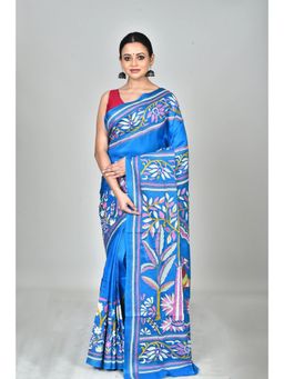 Ramshyam Collection - Womens Kantha Silk Embroidered Thread Work Blue Saree with Unstitched Blouse