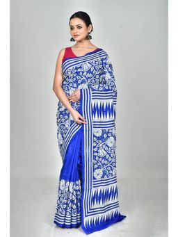 Ramshyam Collection - Womens Kantha Silk Embroidered Thread Work Blue Saree with Unstitched Blouse
