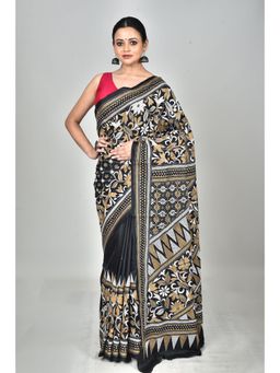 Ramshyam Collection - Womens Kantha Silk Embroidered Thread Work Black Saree with Unstitched Blouse