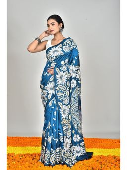 Ramshyam Collection - Womens Kantha Silk Embroidered Thread Work Blue Saree with Unstitched Blouse