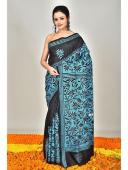 Ramshyam Collection - Womens Kantha Silk Embroidered Thread Work Blue Saree with Unstitched Blouse