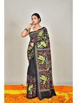 Ramshyam Collection - Womens Kantha Silk Printed Black Saree with Unstitched Blouse