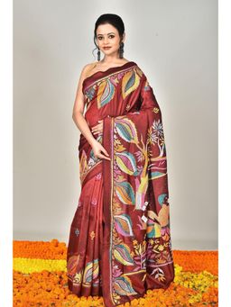 Ramshyam Collection - Womens Kantha Silk Printed Maroon Saree with Unstitched Blouse