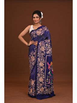 Ramshyam Collection - Womens Kantha Silk Embroidered Navy Blue Saree with Unstitched Blouse