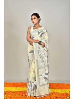 Ramshyam Collection - Womens Kantha Silk Embroidered Thread Work Cream Saree with Unstitched Blouse