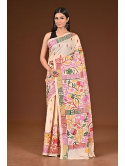 Ramshyam Collection - Womens Kantha Silk Embroidered Thread Work Beige Saree with Unstitched Blouse