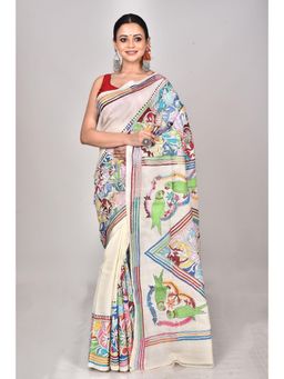 Ramshyam Collection - Womens Kantha Silk Embroidered Thread Work Beige Saree with Unstitched Blouse