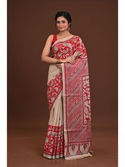 Ramshyam Collection - Womens Kantha Silk Printed Beige Saree with Unstitched Blouse