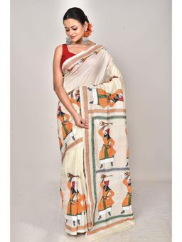 Ramshyam Collection - Womens Kantha Silk Embroidered Thread Work Cream Saree with Unstitched Blouse