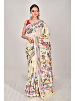 Ramshyam Collection - Womens Kantha Silk Embroidered Thread Work Cream Saree with Unstitched Blouse