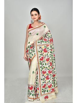 Ramshyam Collection - Womens Kantha Silk Floral Thread Work Ivory Saree with Unstitched Blouse