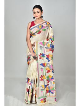 Ramshyam Collection - Womens Kantha Silk Embroidered Thread Work Ivory Saree with Unstitched Blouse