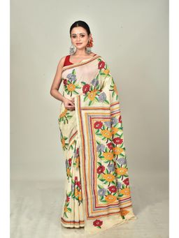 Ramshyam Collection - Womens Kantha Silk Floral Thread Work Cream Saree with Unstitched Blouse