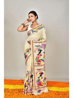 Ramshyam Collection - Womens Kantha Silk Embroidered Thread Work Cream Saree with Unstitched Blouse