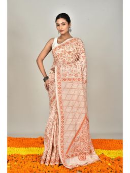 Ramshyam Collection - Womens Kantha Silk Embroidered Thread Work Beige Saree with Unstitched Blouse