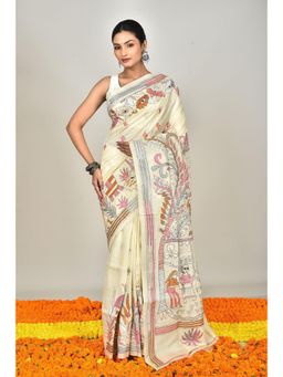 Ramshyam Collection - Womens Kantha Silk Embroidered Thread Work Cream Saree with Unstitched Blouse