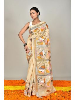 Ramshyam Collection - Womens Kantha Silk Embroidered Thread Work Beige Saree with Unstitched Blouse