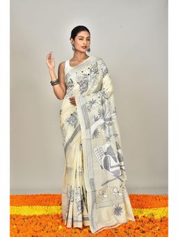Ramshyam Collection - Womens Kantha Silk Embroidered Thread Work Cream Saree with Unstitched Blouse