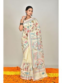 Ramshyam Collection - Womens Kantha Silk Embroidered Thread Work Cream Saree with Unstitched Blouse
