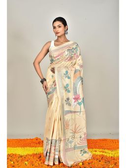 Ramshyam Collection - Womens Kantha Silk Embroidered Thread Work Cream Saree with Unstitched Blouse